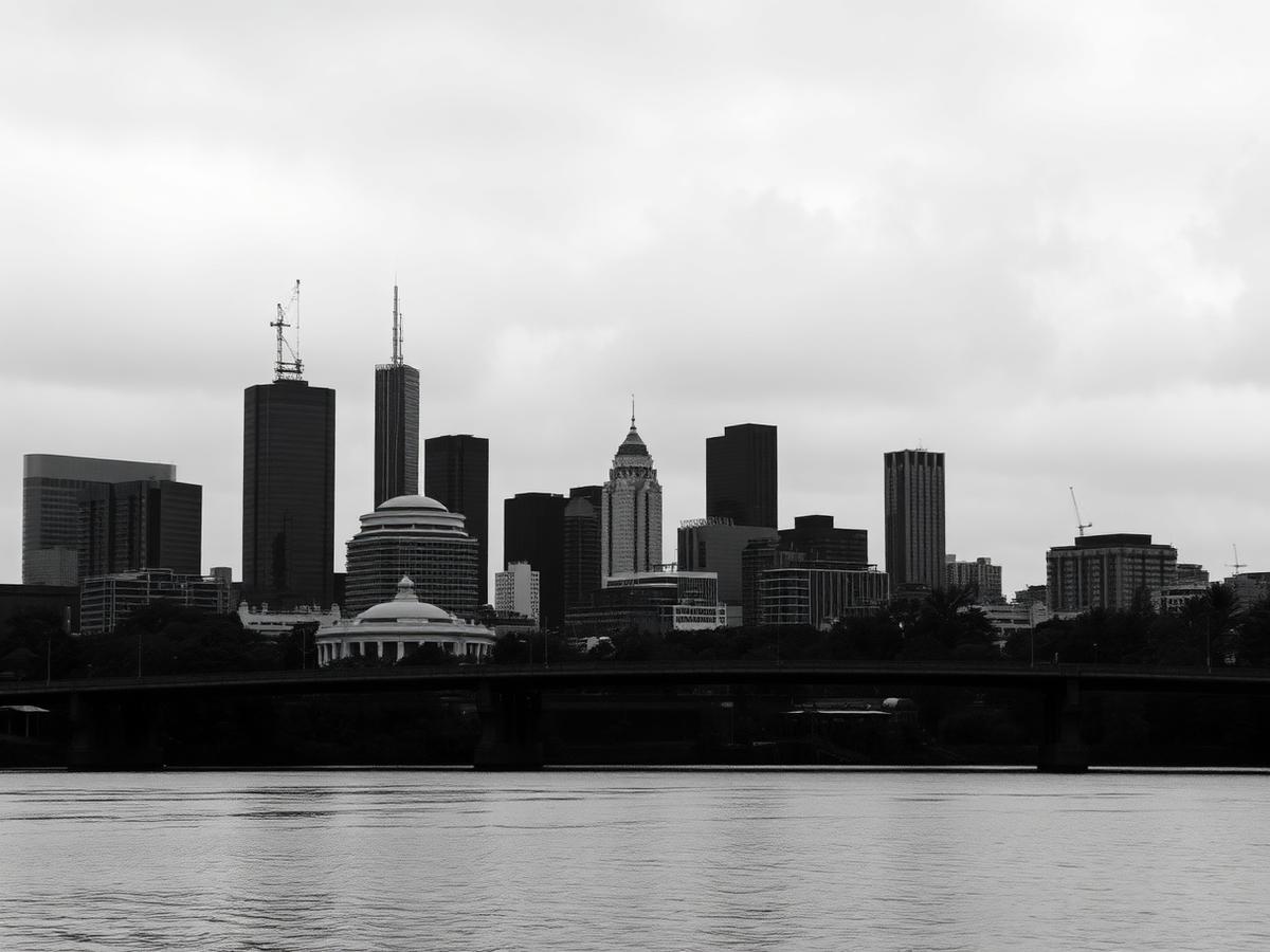 Melbourne city skyline seen across the river on an overcast day