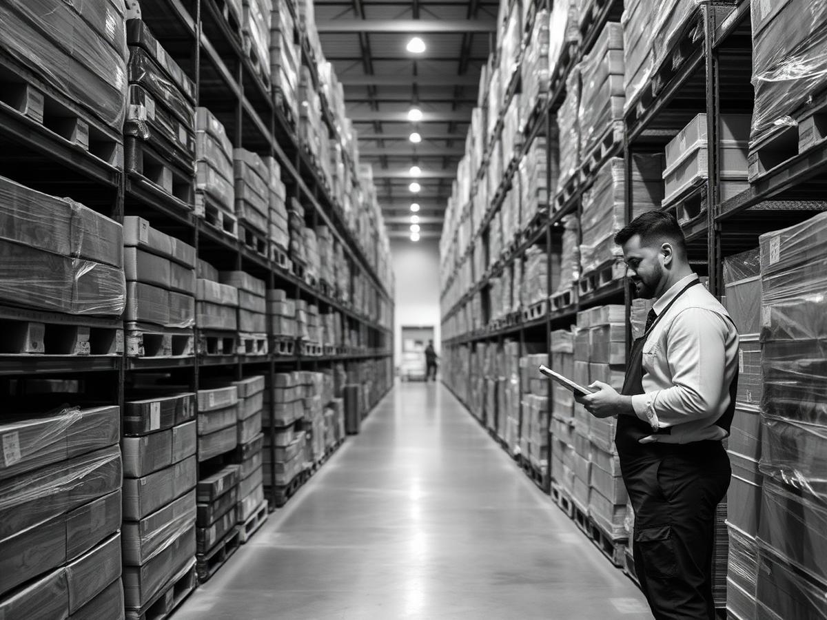 Worker reviewing stock on a tablet in a warehouse aisle